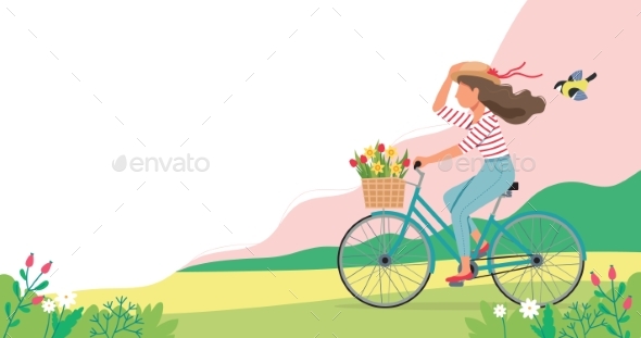 Woman Riding a Bike in Spring with Flowers