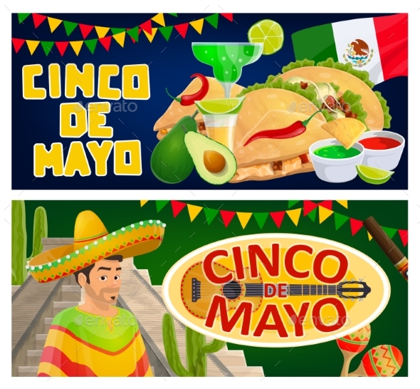 Cinco De Mayo Banners of Mexican Sombrero, Maracas
