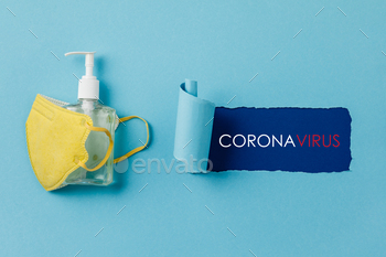 hand sanitizer gel for hand hygiene corona virus protection. Flat lay