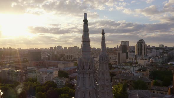 Aerial Drone View of Evening Cityscape with Sunset