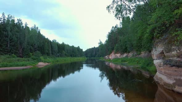 Landscape With Gauja River and White Sandstone Cliff of Sietiniezis Rock.