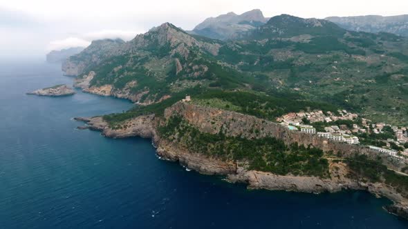 Aerial View of the Luxury Cliff House Hotel on Top of the Cliff on the Island of Mallorca