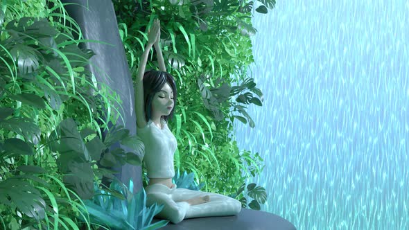 A girl in a yoga pose near a waterfall