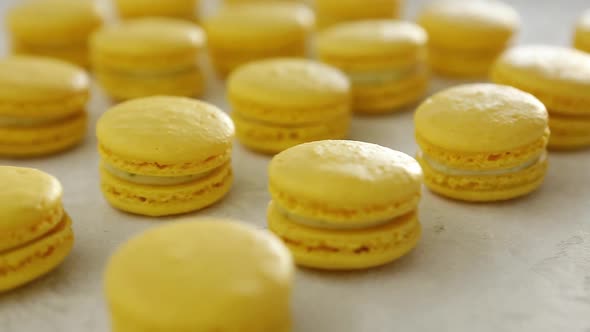 Closeup View of Many Rows of Yellow Lemon Macarons Macaroon on White Background