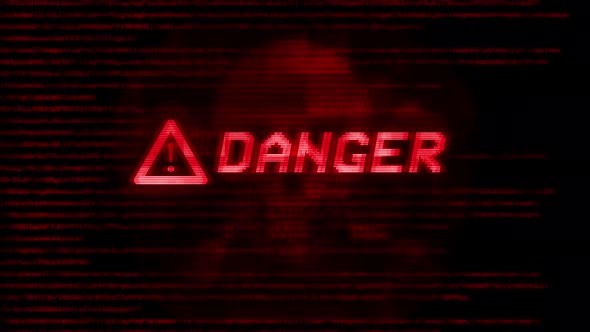 Danger Warning digital error message glitch flashing on black screen. signal damage. Cyber Attack
