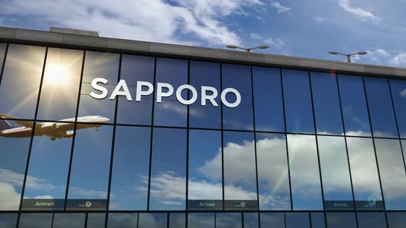 Airplane landing at Sapporo Japan airport mirrored in terminal