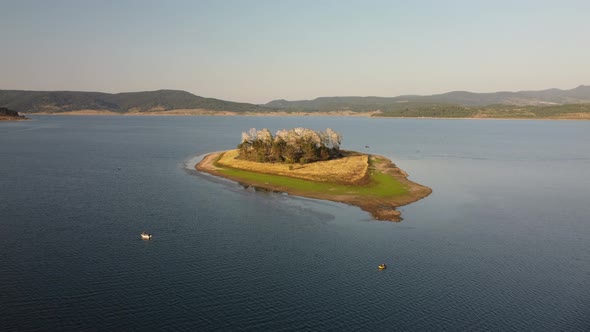 Aerial Panoramic View of Island on a Batak Reservoir Located in Bulgaria Rhodopa Mountains