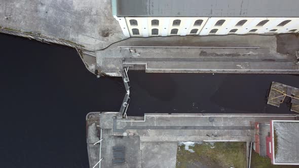 Skien sluice in the famous Telemark channel Norway - Top down aerial moving slowly from left to righ