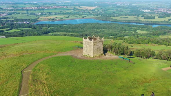 Aerial footage around Rivington Pike in the morning