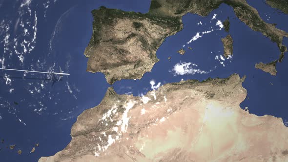 Route of a Commercial Plane Flying To Algiers Algeria on the Map