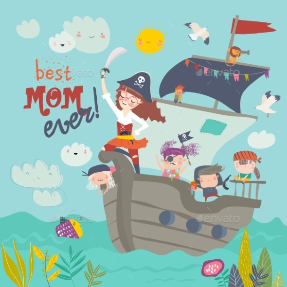 Mother Pirate Sailing with Her Kids in Ship