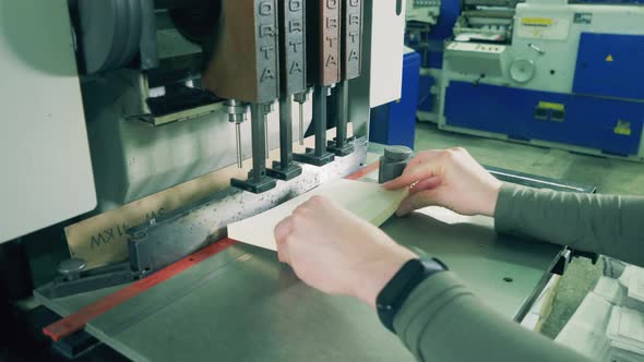 Typography Worker Is Using a Machine To Punch Holes in Paper