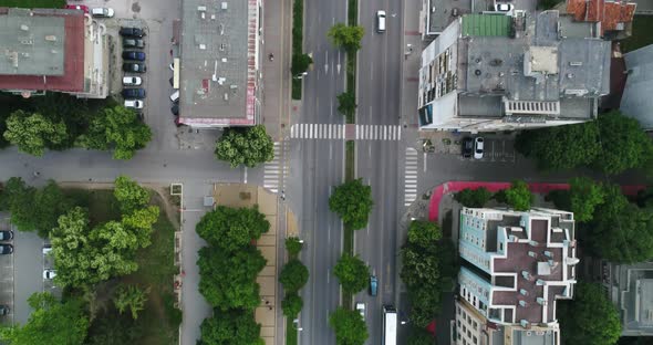 Aerial top down view of street traffic of the city center.  Urban Landscape.4K video.