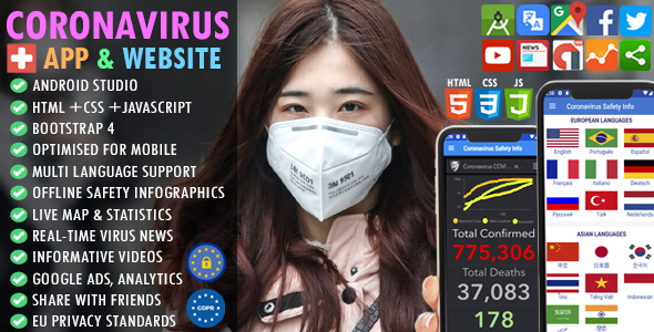 CoronaVirus (COVID19) Safety Guide 2021: Multi Language + Real-time Maps & Stats + Live News + AdMob