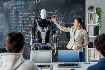 robot while making presentation of his characteristics to her classmates at seminar