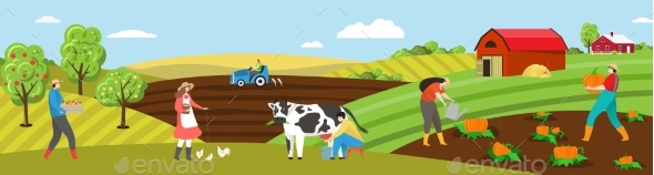 Farmer Work on Farm Field Vector Illustration