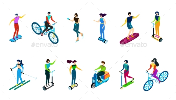 Isometric People Riding Bike, Scooter, Vehicles