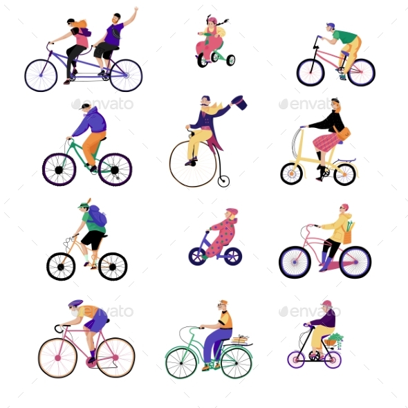People Ride Bikes, Vector Illustration, Characters