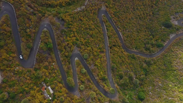 Top View of the Surface of the Island of Tenerife Car Drives on a Winding Mountain Road in a Desert