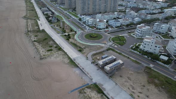 An aerial view of the beach in Arverne, NY, during a cloudy evening. The shot was taken by a camera