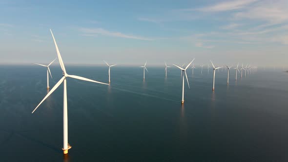 Wind Turbine From Aerial View Drone View at Windpark Westermeerdijk a Windmill Farm in the Lake