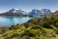 Azure Lake Pehoe at the foot of the mountains. National Park Torres del Paine, Chile. - PhotoDune Item for Sale