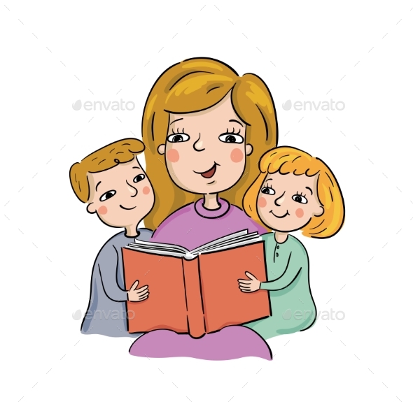 Mother Reading a Book to Kids