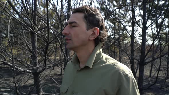 Man in Despair Putting Off His Hat Standing in Burned Forest Af Wildfire Ecological Catastrophe