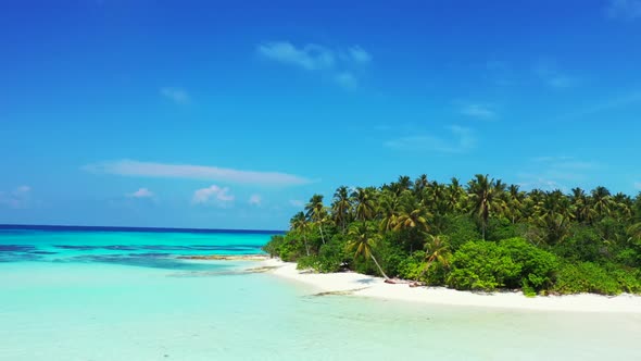 Aerial drone tourism of exotic lagoon beach holiday by blue sea and bright sand background of a dayo