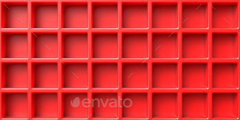 Red open empty boxes abstract background. Book self, showcase template. 3d illustration