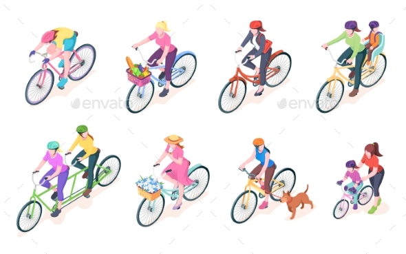Set of Isolated Woman Cyclist on Bikes with Basket
