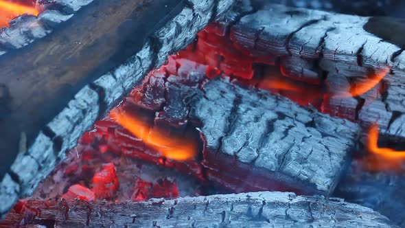 Burning Bonfire and Coals Closeup with Flying Small Sparks Closeup As a Texture