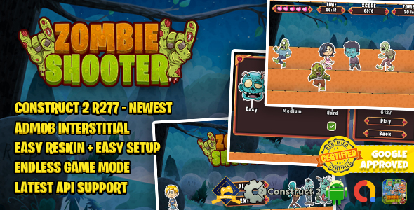 ZOMBIE SHOOTER CONSTRUCT 2 + ADMOB + LATEST API SUPPORT + EASY RESKIN