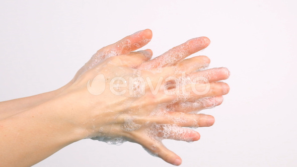 Caucasian woman washing her hands isolated on white background, video series