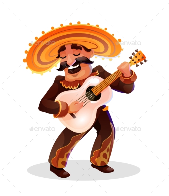 Mexican Singer with White Guitar in Sombrero