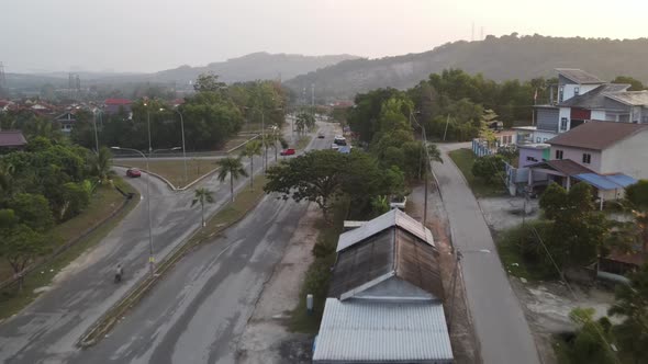 {Aerial view of Road and Restaurants in Desa Pinggiran Putra