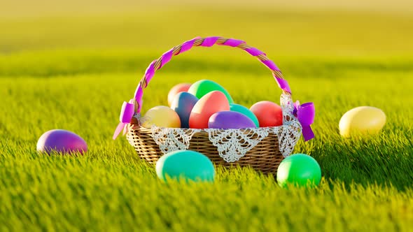 Traditional Easter basket full of cloured eggs while spring celebration.