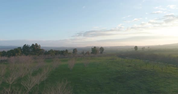 Aerial view of a misty landscape at sunrise, Golan Heights, Israel.