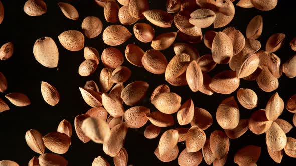 Super Slow Motion Shot of Flying Whole Almond Nuts Towards Camera Isolated on Black at 1000Fps