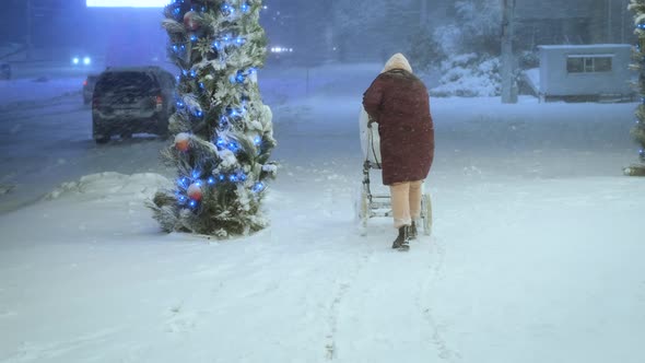 Woman with Pram in Winter