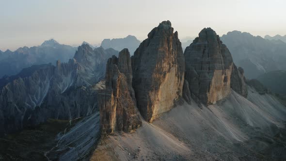 Drone Aerial Footage of Tre Cime Di Lavaredo Most Visited Mountain in Sexten Dolomites Alps in Italy