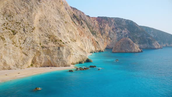 Aerial View of Blue Sea Rocks Sandy Beach at Sunny Day