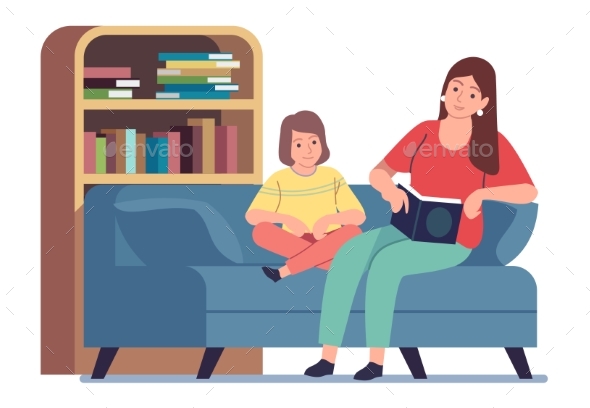 Mother Reading To Kid. Mom Reading Bedtime Story