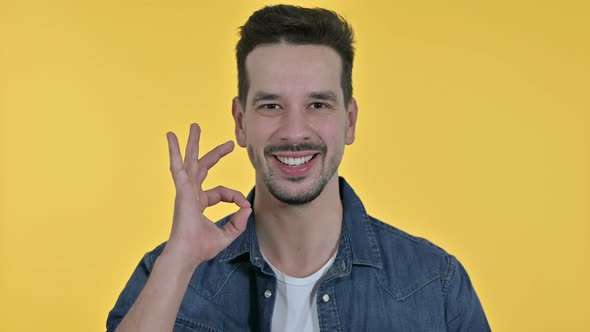 Portrait of Cheerful Young Man Doing OK Sign, Yellow Background