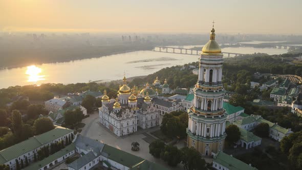 Kyiv-Pechersk Lavra in the Morning at Sunrise. Ukraine. Aerial View