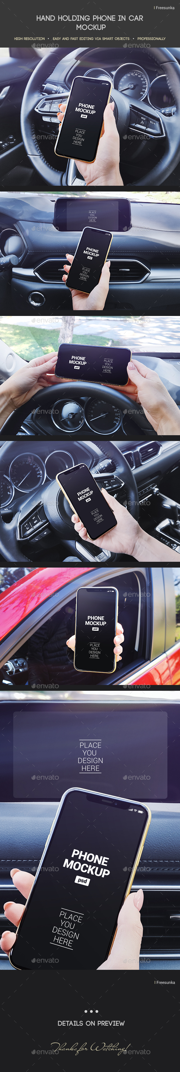 Hand Holding Phone In Car Mockup