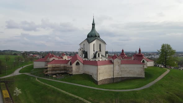 Aerial Drone footage of Pilgrimage Church of Saint John of Nepomuk in Zdar nad Sazavou, Czech republ