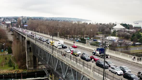 Long Line Of Traffic Of Protesters Convoy At Burrard Bridge During Truckers Convoy Protest 2022 In V