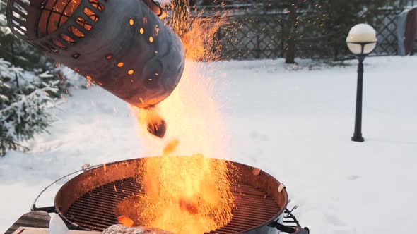 Redhot Charcoal Is Poured Into Brazier or Grill for Further Preparation of Great Steak