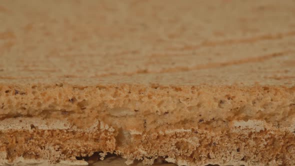 Close-up of a Moving Camera of a Slice of a Biscuit Cake Base. Over-the-top Baking Close-up. Macro